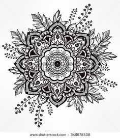 a black and white drawing of a flower on a beige background with leaves, branches and flowers