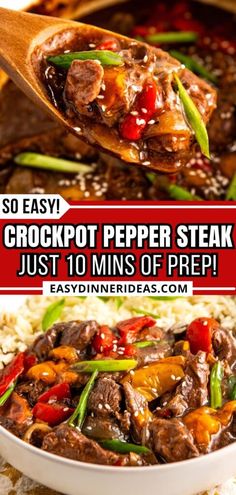 the recipe for crockpot pepper steak is shown on top of rice in a white bowl