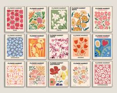 twelve flower market cards in various colors