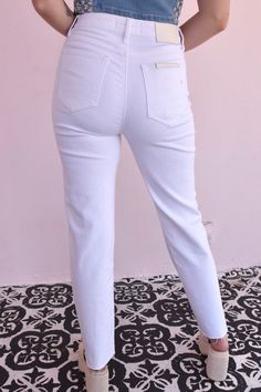 Hidden Denim Brand Stretchy White, thicker material so not see through RISE 11" | 29" INSEAM in size 3/26 HIGH RISE STRAIGHT FIT: Stretchy but runs a little on the smaller side, model is a size 2-4, wearing a 5 White Stretch Denim Bottoms, White Stretch Jeans For Spring, Spring White Stretch Jeans, High Rise Solid Jeans For Spring, Solid High Rise Jeans For Spring, High Rise Jeans For Spring, White Mid-rise Jeans For Spring, High Waist White Stretch Jeans, White Stretch Denim Jeans