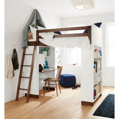 there is a loft bed with a ladder in the corner and a desk on the other side