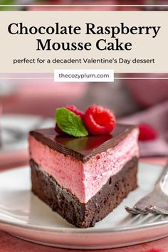 chocolate raspberry mousse cake on a plate with the title overlay