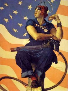 a painting of a woman sitting on top of a fire hydrant in front of an american flag