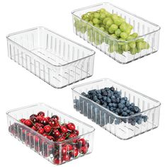 three plastic containers filled with fruits and vegetables