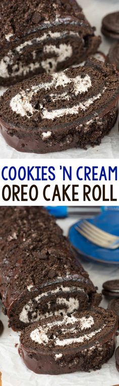 two pictures of cookies'n cream oreo cake roll