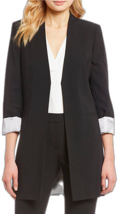 Elegant Calvin Klein Business Casual Outerwear, Elegant Calvin Klein Outerwear For Office, Elegant Calvin Klein Office Outerwear, Elegant Formal Open Front Outerwear, Calvin Klein Notch Lapel Blazer For Work, Elegant Calvin Klein Outerwear For Career, Elegant Long Sleeve Calvin Klein Blazer, Classic Calvin Klein Blazer For Work, Elegant Calvin Klein Career Outerwear