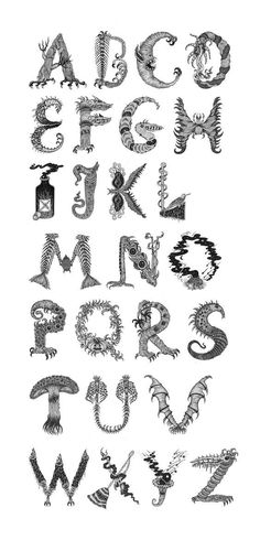 the alphabet is made up of different types of animals and letters, all in black and white