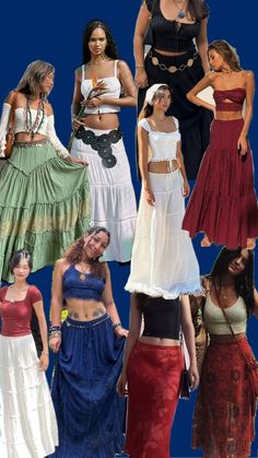 many different types of women in skirts and dresses, all wearing bras or tops