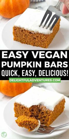 easy vegan pumpkin bars with cream cheese frosting on top and the title overlay reads easy vegan pumpkin bars quick, easy, easy, delicious