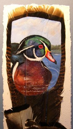 a painting of a duck with feathers on it's back and its reflection in the mirror