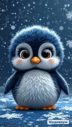 a cute little penguin with big eyes sitting on the snow covered ground in front of falling snow