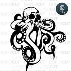 an octopus with a skull on it's head is shown in black and white