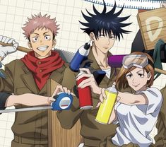 three anime characters are posing for the camera with their arms around each other and holding drinks