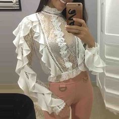 Material: Lace Gender: Women Item Type:Tops Sleeve Length:Long Sleeve Color: White Size: S,M,L,XL High Neck White Blouse, Chic Type, Streetwear Tops, England Fashion, Blouse Material, Vestido Casual, Lace Ruffle, Women Shirts Blouse, Chic Woman