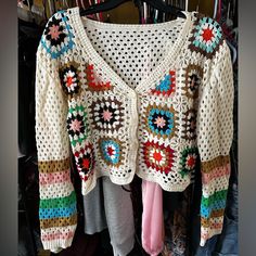 New Without Tags Chic Multicolor Summer Sweater, Bohemian Winter Vacation Sweater, Chic Multicolor Summer Cardigan, Multicolor Winter Vacation Sweater, Multicolor Knit Summer Outerwear, Multicolor Knit Outerwear For Summer, Multicolor Vacation Sweater For Spring, Trendy Multicolor Cardigan For Day Out, Chic Multicolor Cardigan For Day Out