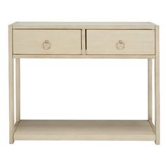 a white wooden table with two drawers on one side and an open drawer on the other