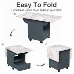 an easy to fold table with wheels is shown in three different positions, including the top and bottom