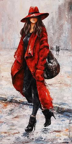 a painting of a woman walking in the snow with a red coat and hat on