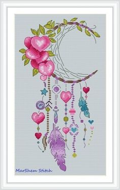 a cross stitch pattern with the moon and hearts hanging from it's side, on a gray background