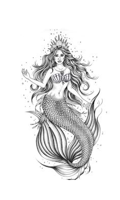 a drawing of a mermaid sitting on top of a wooden table