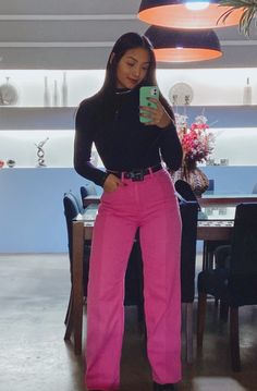 Pink Trousers Winter Outfit, Pink Dress Pants Outfit Business Casual, Pink Velvet Pants Outfit Winter, Pink Work Pants Outfit, Trendy Pink Winter Pants, Fucsia Pants Outfit, Pink Flare Pants Outfit Aesthetic, Fucsia Outfit Combination, Fall Pink Flare Jeans