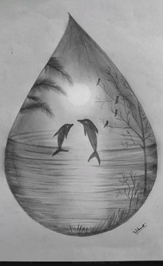 a drawing of two dolphins jumping out of a water drop