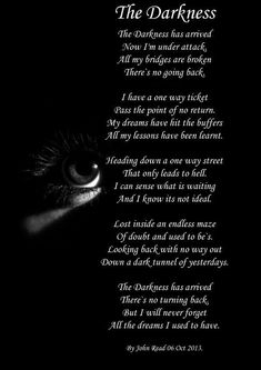 a poem written in black and white with an eye looking into the distance, on a dark background