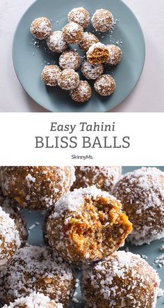 an image of easy to make bliss balls with powdered sugar on top and in the middle