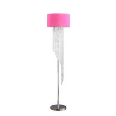 a pink floor lamp with chains hanging from it's base and a pink shade