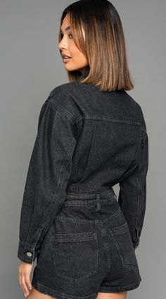 BLACK IN COLOR DENIM POCKETS BUTTONS GOING DOWN Long Romper, Denim Romper, Black Romper, Long Sleeve Romper, Light Denim, Dress Romper, Sheer Fabrics, Look Chic, Denim Fabric