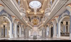 the interior of a large building with stairs and chandeliers on either side of it