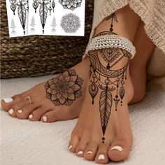 a woman's feet with tattoos on them and an image of a dream catcher