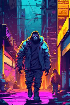 a man walking down the street in front of buildings with neon lights on them and an gorilla