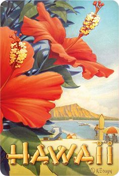 an old hawaii travel poster with red flowers