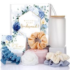 the bridesmaid gift set includes two candles and three scrunffle hair ties