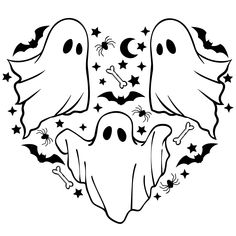 two ghost heads in the shape of a heart with stars and bones on white background