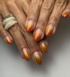 Orange Cat Eye Nails, Cat Eye Nails Short, Vintage Nail Designs, Pedi Designs, Sunset Nails, Green Nail Art, Vintage Nails, Short Acrylic, Nail Envy