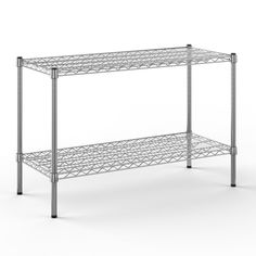 a metal shelf with two shelves on each side and one shelf below it, against a white background