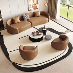 a living room with two couches, chairs and a coffee table on the floor