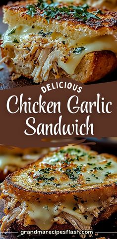 delicious chicken garlic sandwich with melted cheese and herbs