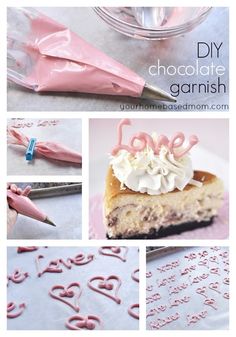 a collage of photos showing how to make valentine's day chocolate ganish