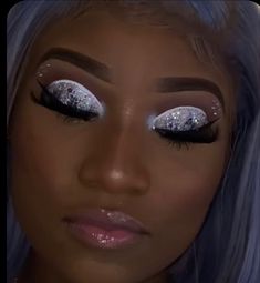 Silver Make Up For Prom, White Birthday Makeup, Sliver Glitter Make Up Looks, Royal Blue And Silver Makeup, White Glitter Makeup Looks, Blue And Silver Makeup Looks Black Women, White Makeup Looks Black Women, Christmas Nails Acrylic Green, Blue And Silver Makeup Looks