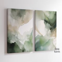 two paintings are hanging on the wall next to each other, one is green and white