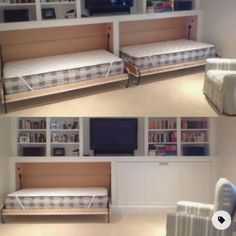 there are two beds and a couch in this room with bookshelves on the wall