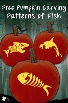 three pumpkins with the words free pumpkin carving stencils of fish