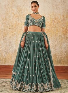 Dusty Green Embroidered Lehenga – Lashkaraa Dupatta Embroidery, Gharara Suits, Engagement Lehenga, Half Saree Lehenga, Sharara Suits, Celebrity Closet, Embroidered Lehenga, Dusty Green, Silk Bottoms