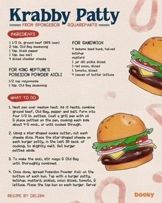 a menu with two hamburgers on it and instructions for how to cook them in the oven