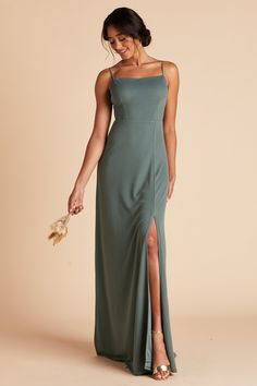 Minimalist tank bridesmaid dress with playful tie-back closure long chiffon bridesmaid dress. Available in Sea Glass. A simple, body-skimming dress with a pretty bow detail in the back. | Sea Glass Bridesmaid Dress Crepe Size 3X | Birdy Grey Benny Spaghetti Strap Bridesmaids Dresses, Birdy Grey, Green Bridesmaid, Minimal Look, Green Bridesmaid Dresses, Floor Length Skirt, Dress Order, Girl Inspiration, Chiffon Bridesmaid Dress