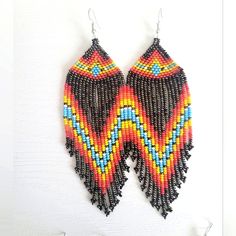 Beautiful One Of A Kind Detailed Beaded Earrings. Southwester/Native Style. These Were Traditionally Made In A Village In Ecuador. Southwestern Style Multicolor Jewelry With Black Beads, Bohemian Black Beaded Earrings For Beach, Handmade Black Southwestern Beaded Earrings, Handmade Southwestern Black Beaded Earrings, Bohemian Multicolor Beaded Earrings With Black Beads, Southwestern Style Black Earrings With Colorful Beads, Multicolor Traditional Beaded Earrings, Southwestern Black Festival Earrings, Handmade Multicolor Southwestern Beaded Earrings