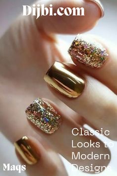 Gold Manicure, Gold Nail Designs, Gold Nail Art, Gold Nail, Her Nails, Sparkle Nails, Festival Nails, Fancy Nails